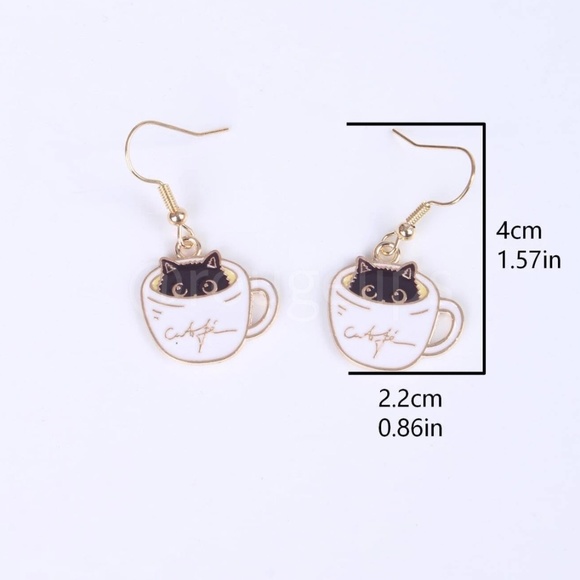 Coffee Cup Cat Kitty Shape Gold Tone Dangle Drop  Earrings Black White - Picture 3 of 5